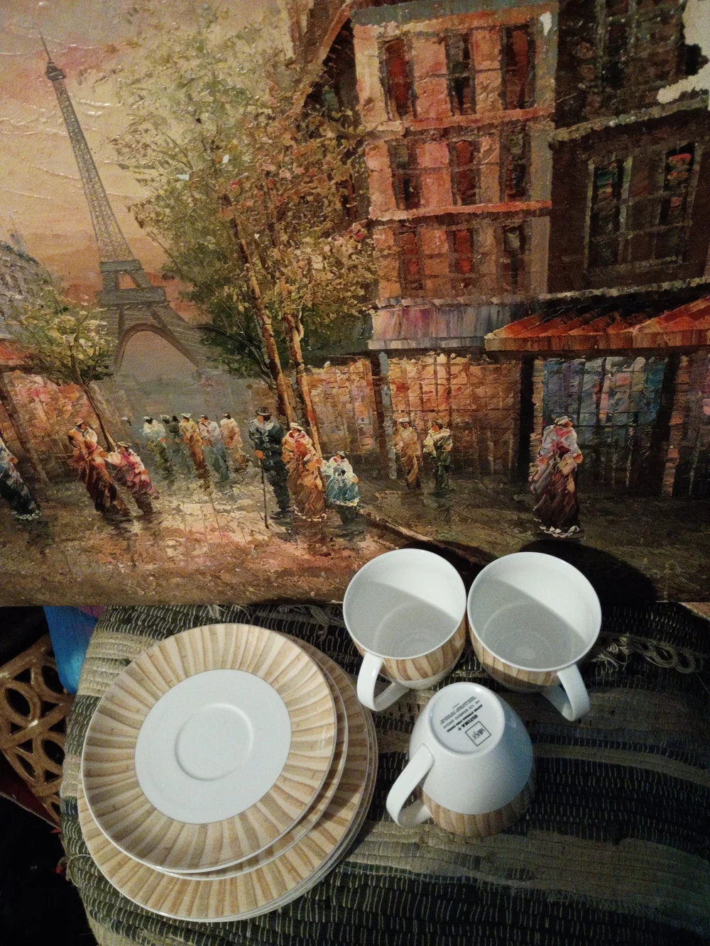 -Bamboo Grove Neutral Tan Striped Tea Cups and Saucer Sets 9 items.